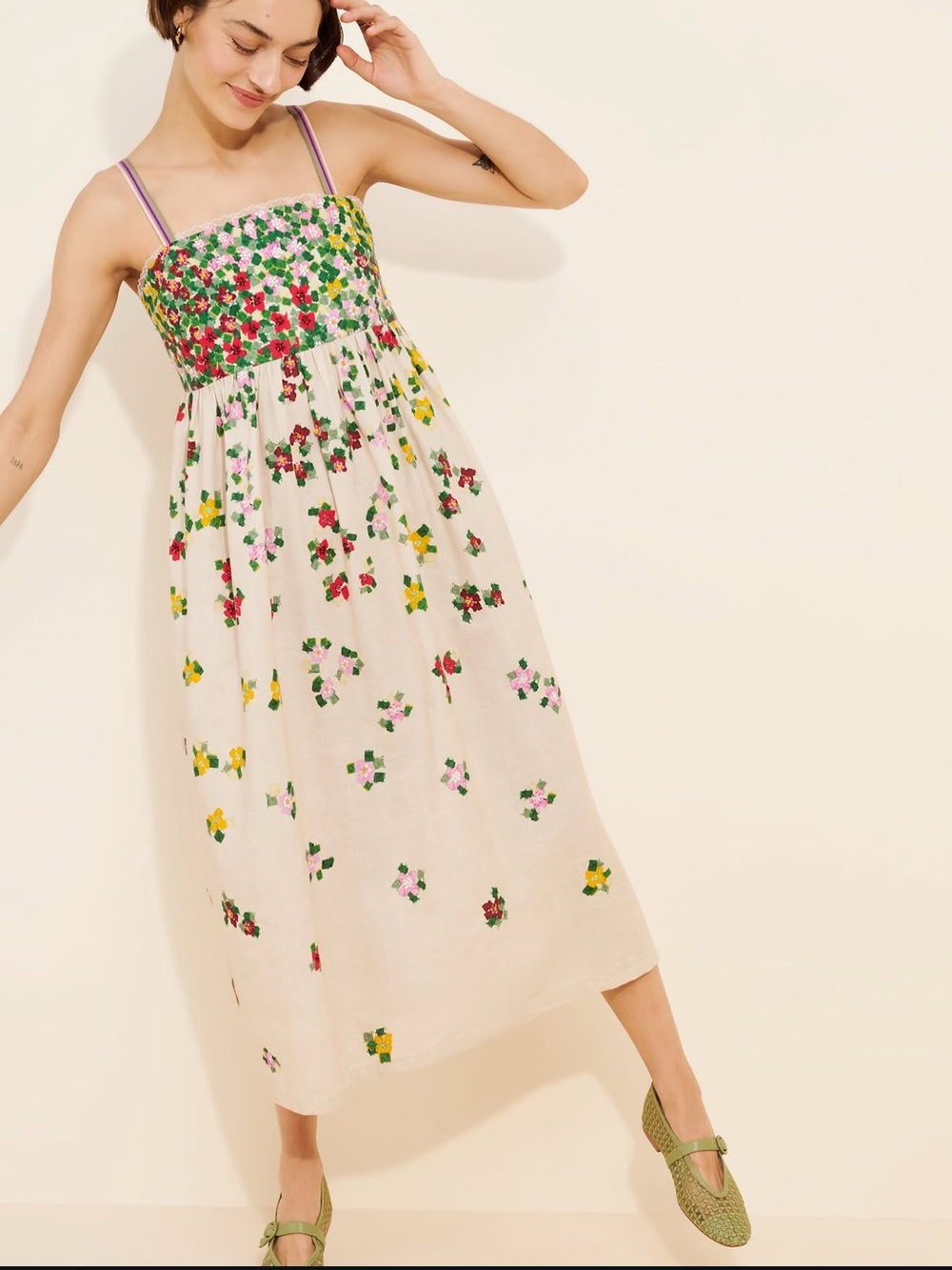 Payal Pratap Floral Smocked Midi Sundress in Cream with Multicolor Blossoms